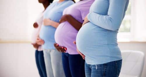 Pregnant Woman Group In Row. Young Mothers - surrogacy concept
