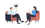 woman and man talking while sitting on arm chairs - divorce coach concept